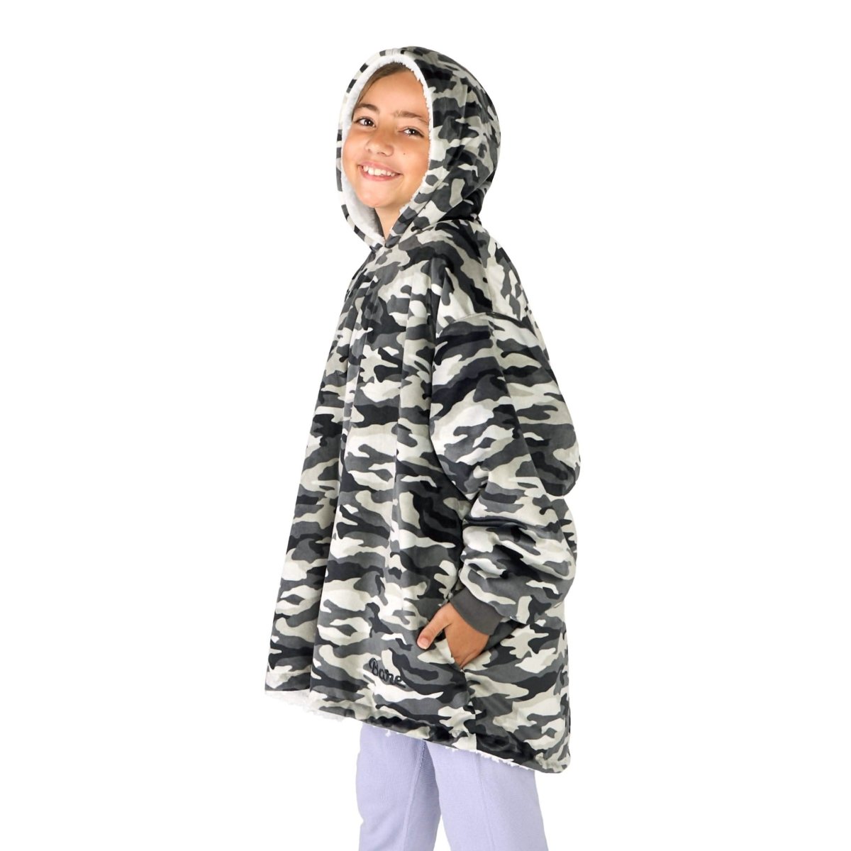 A child with a sherpa wearable blanket on