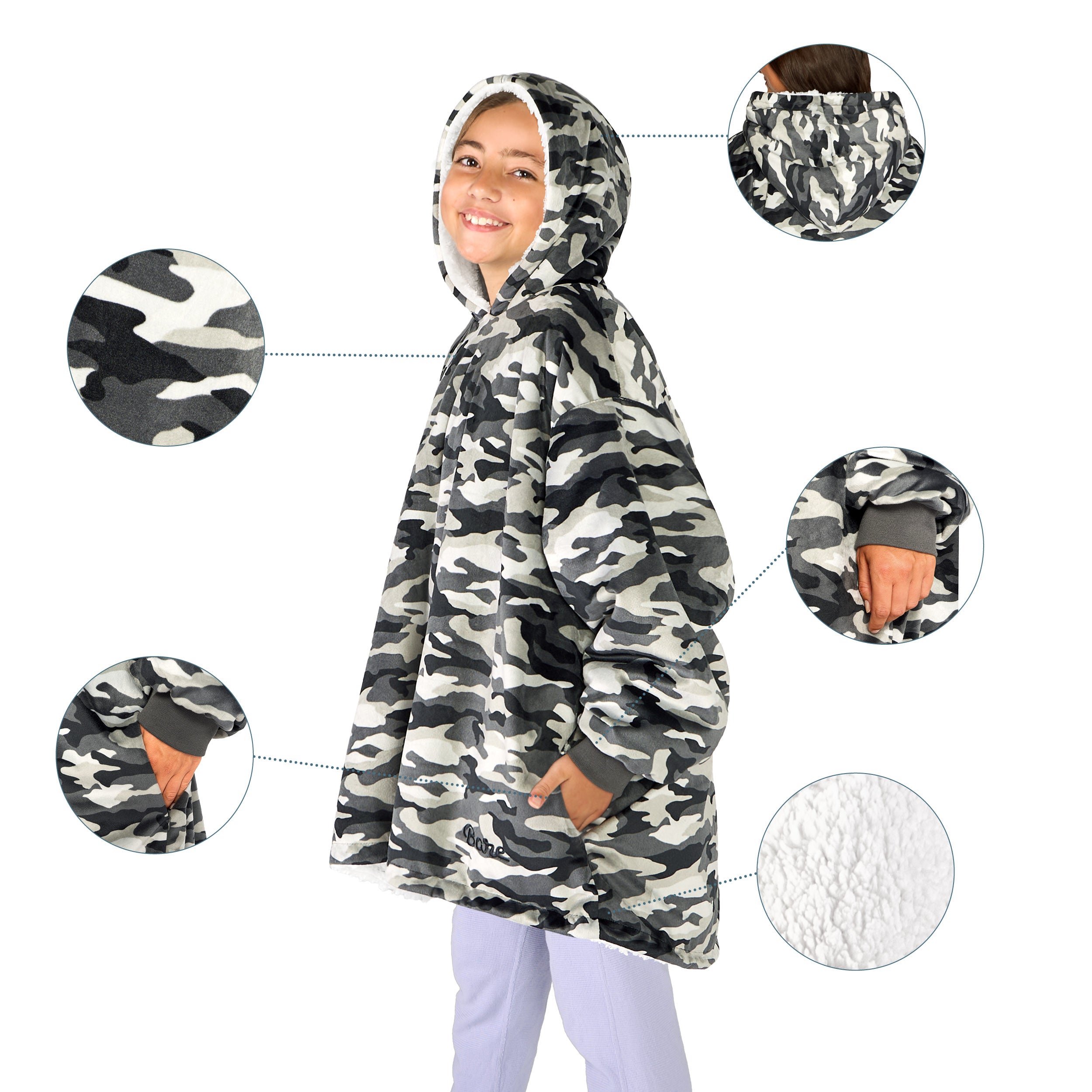 Person wearing a Bare Homey with close-up inserts on a white background