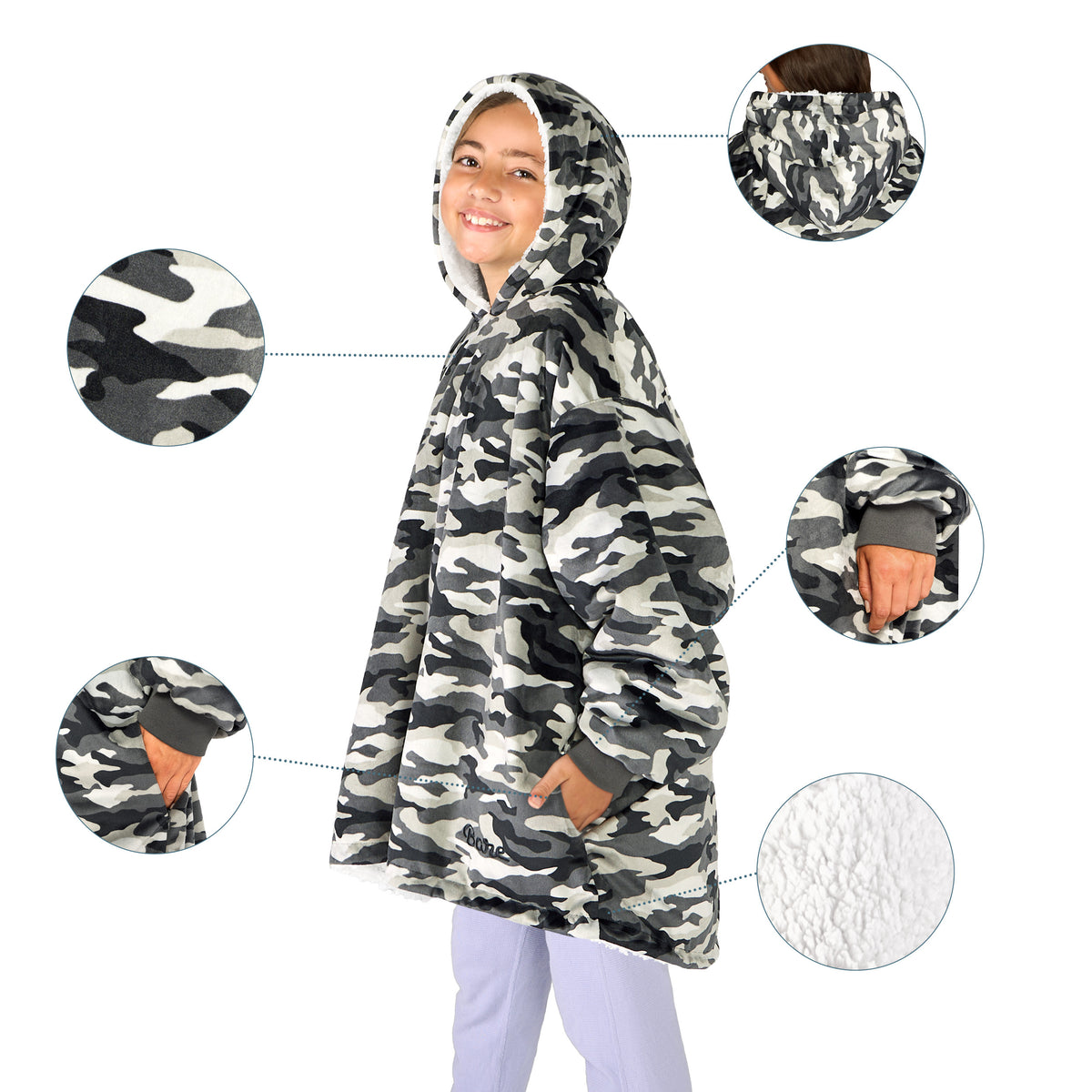 Person wearing a Bare Homey with close-up inserts on a white background