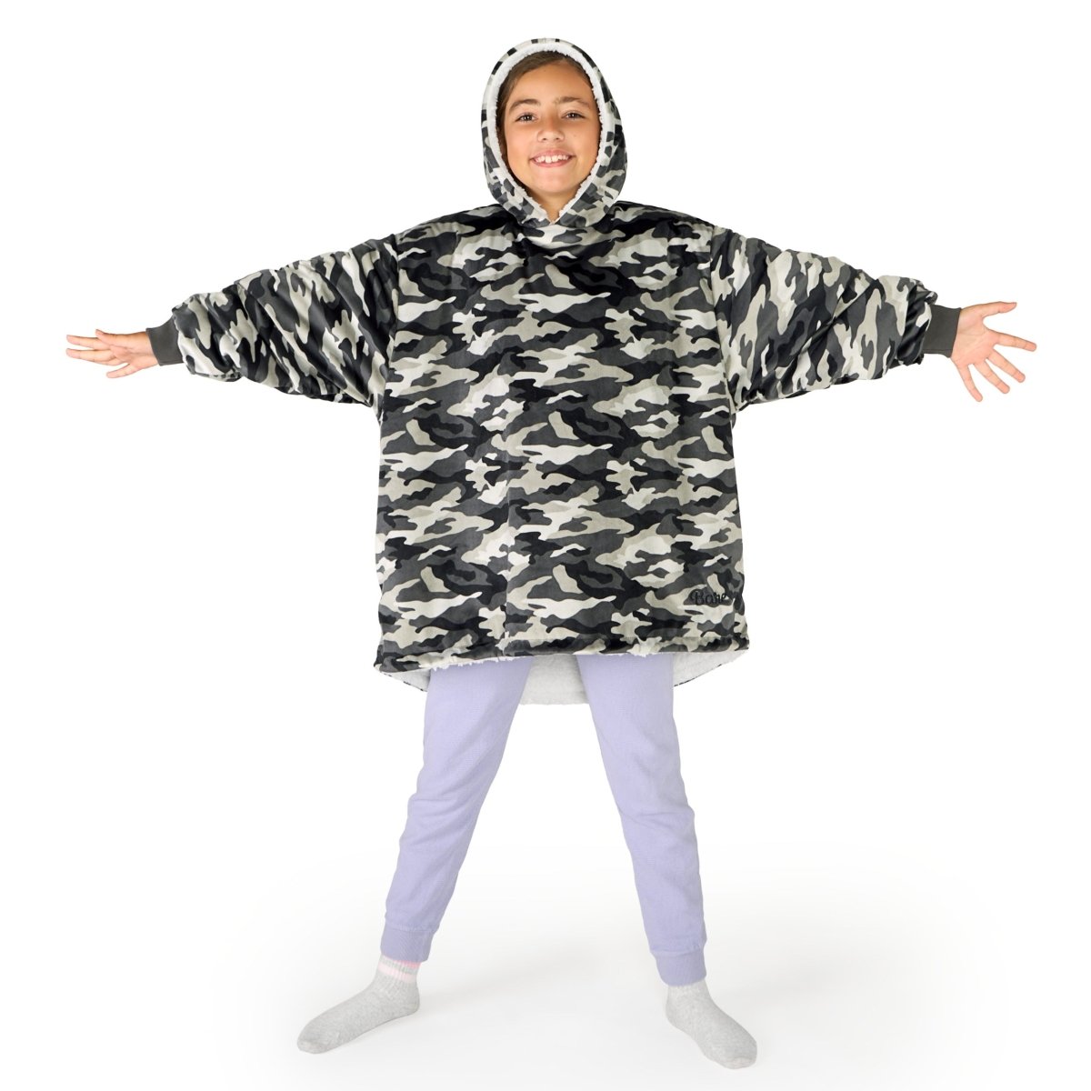 A child wearing a hooded blanket