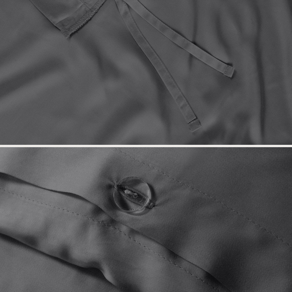 Close-up of the corner ties and button closure on a duvet cover