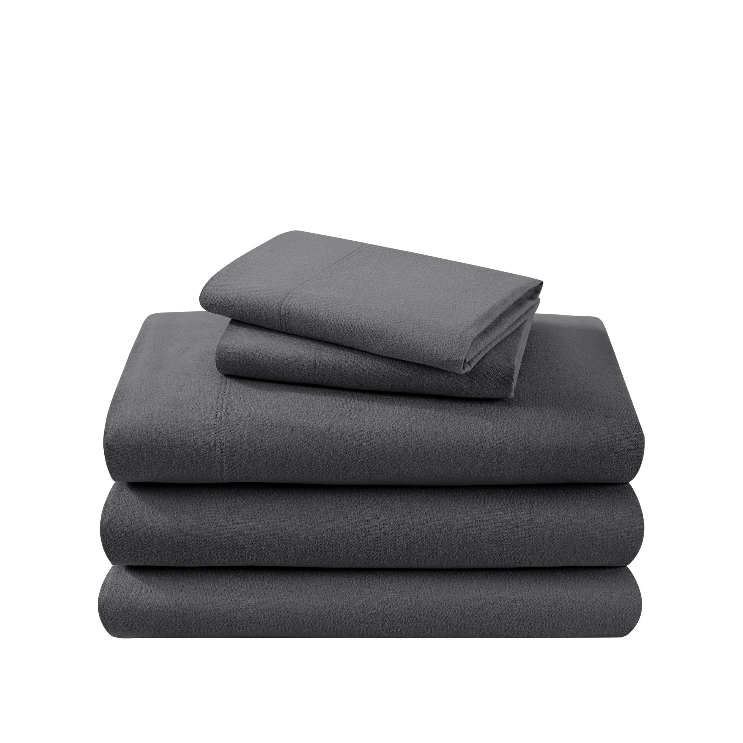 Cotton flannel sheet set folded and stacked on a white background