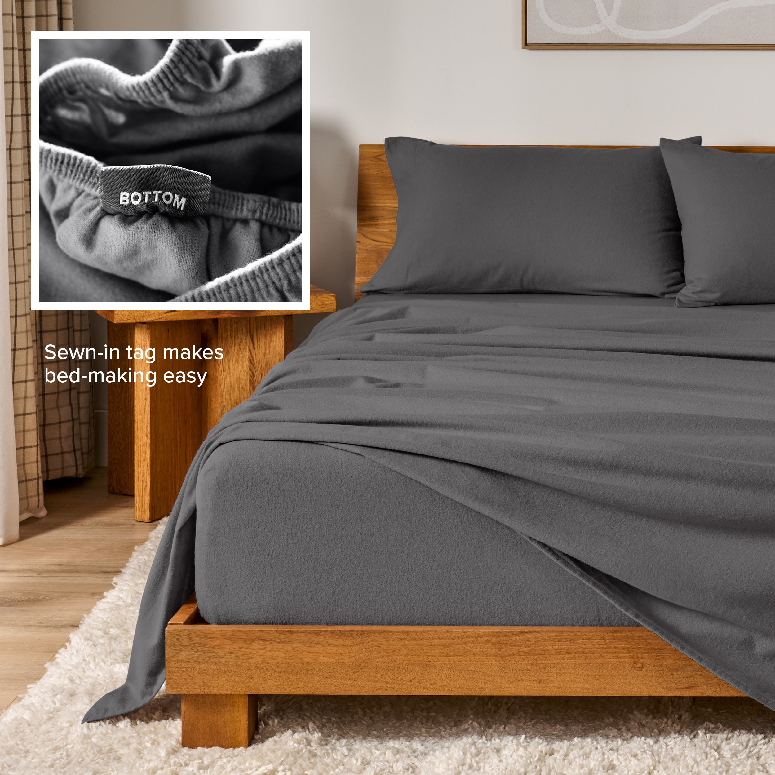 Flannel sheets on a with an inset of a sewn-in tag reading BOTTOM