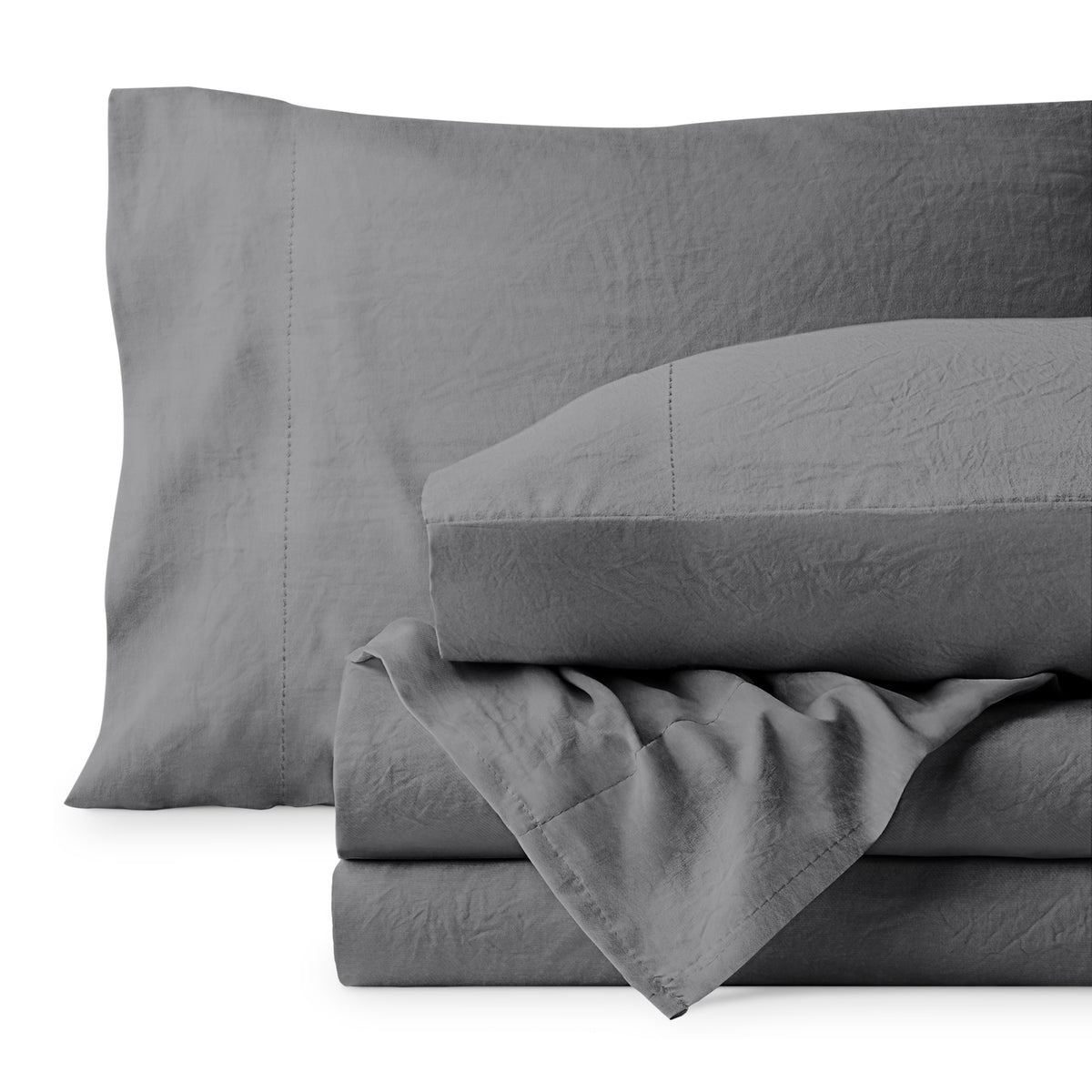 Washed microfiber sheet set folded and stacked on a white background