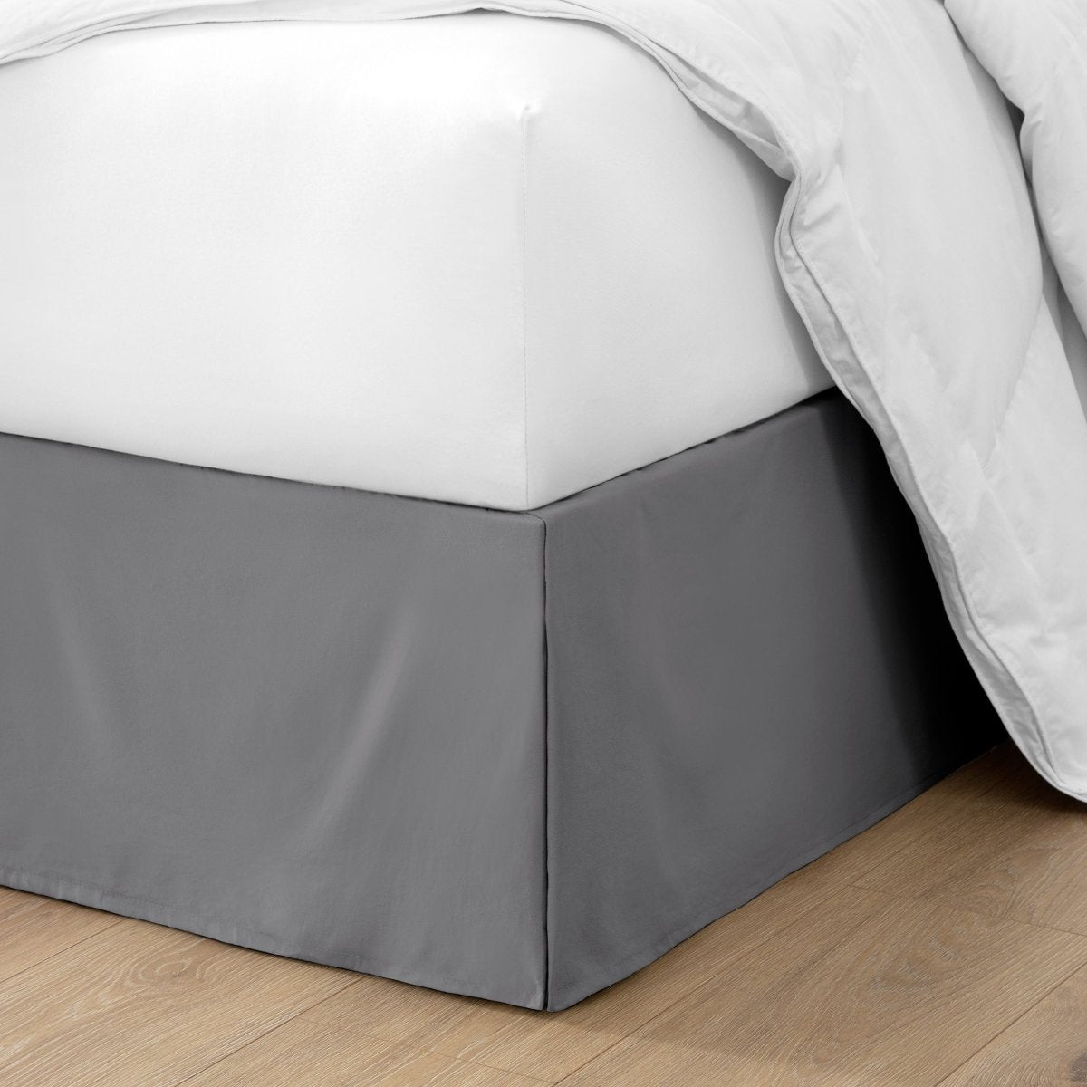 Ultra soft bed skirt on a bed with white bedding.