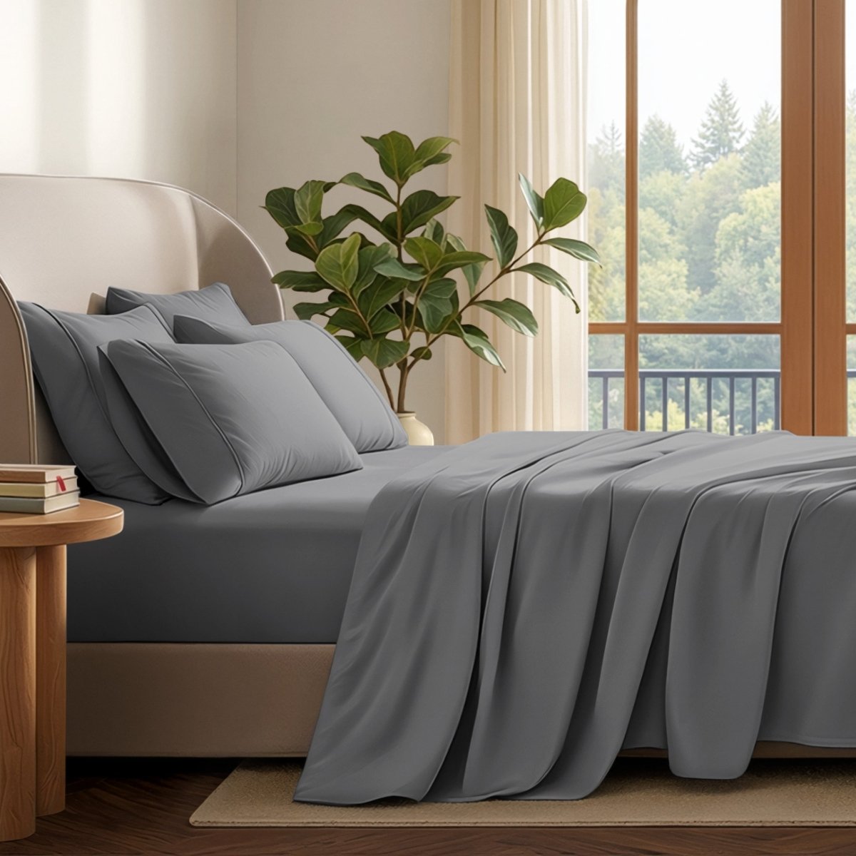 A neatly made bed with in a softly lit bedroom. A large green plant stands beside the bed, and a window with curtains is visible in the background.