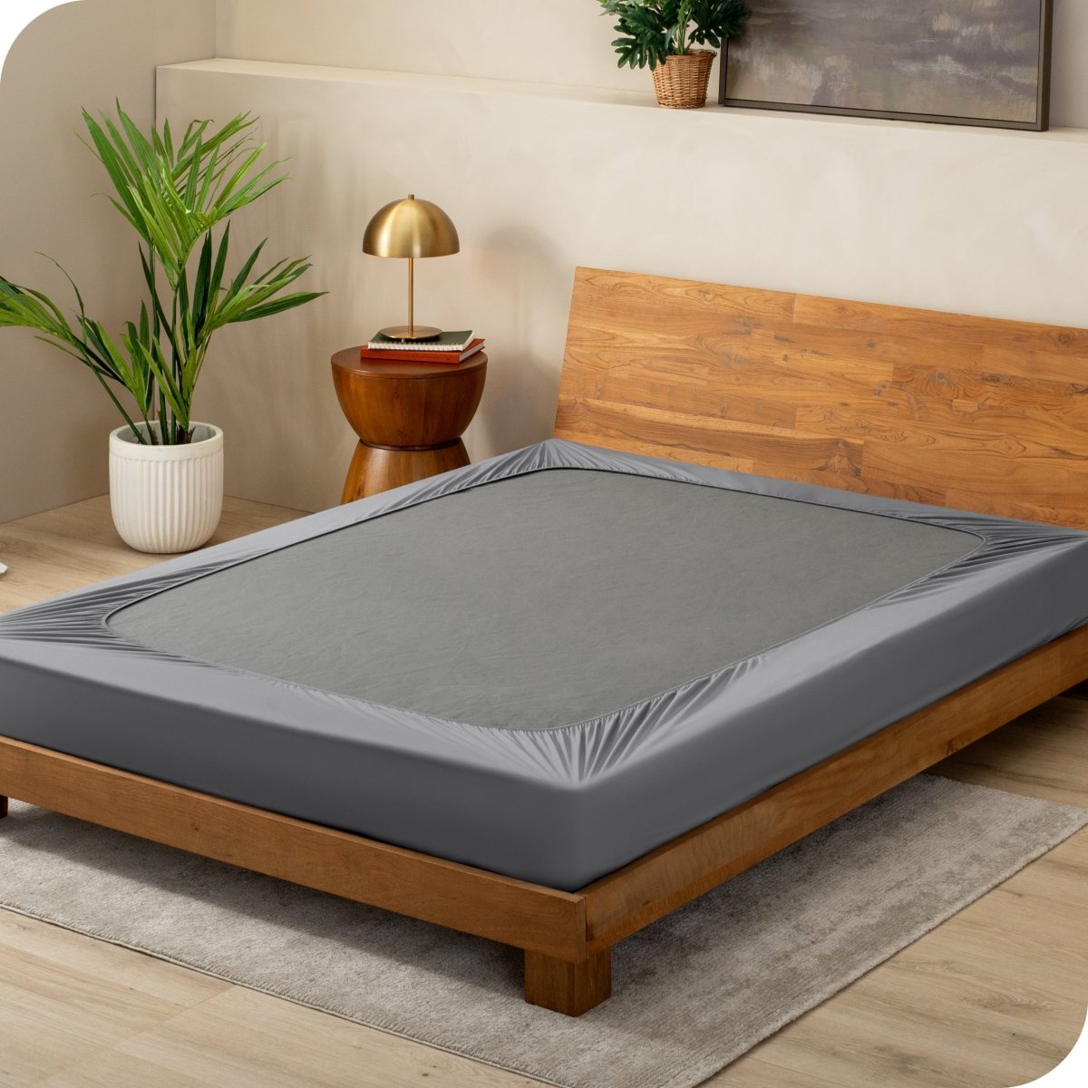 Grey box spring cover on a box spring