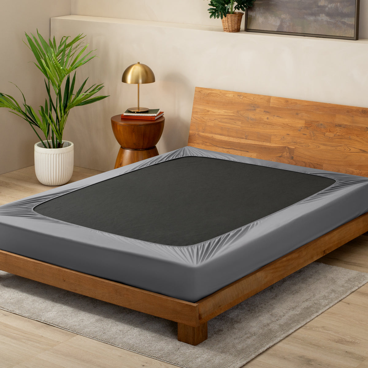 Grey box spring cover on a box spring