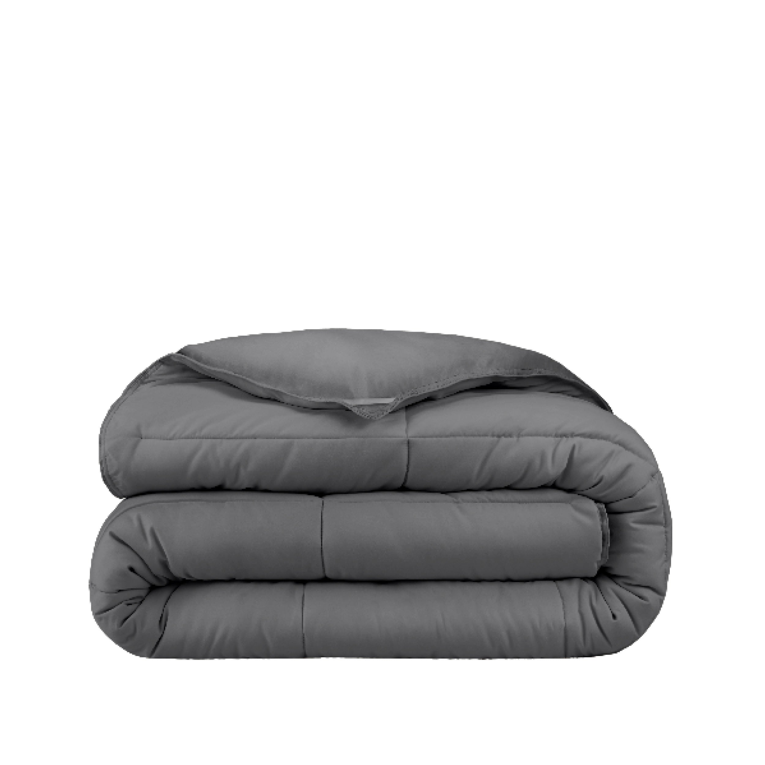 A grey duvet insert folded