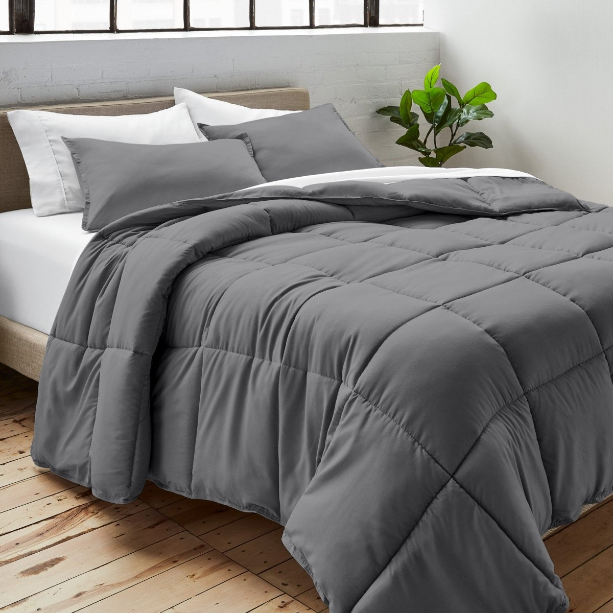 Comforter on a bed with white pillows and a plant in the corner.