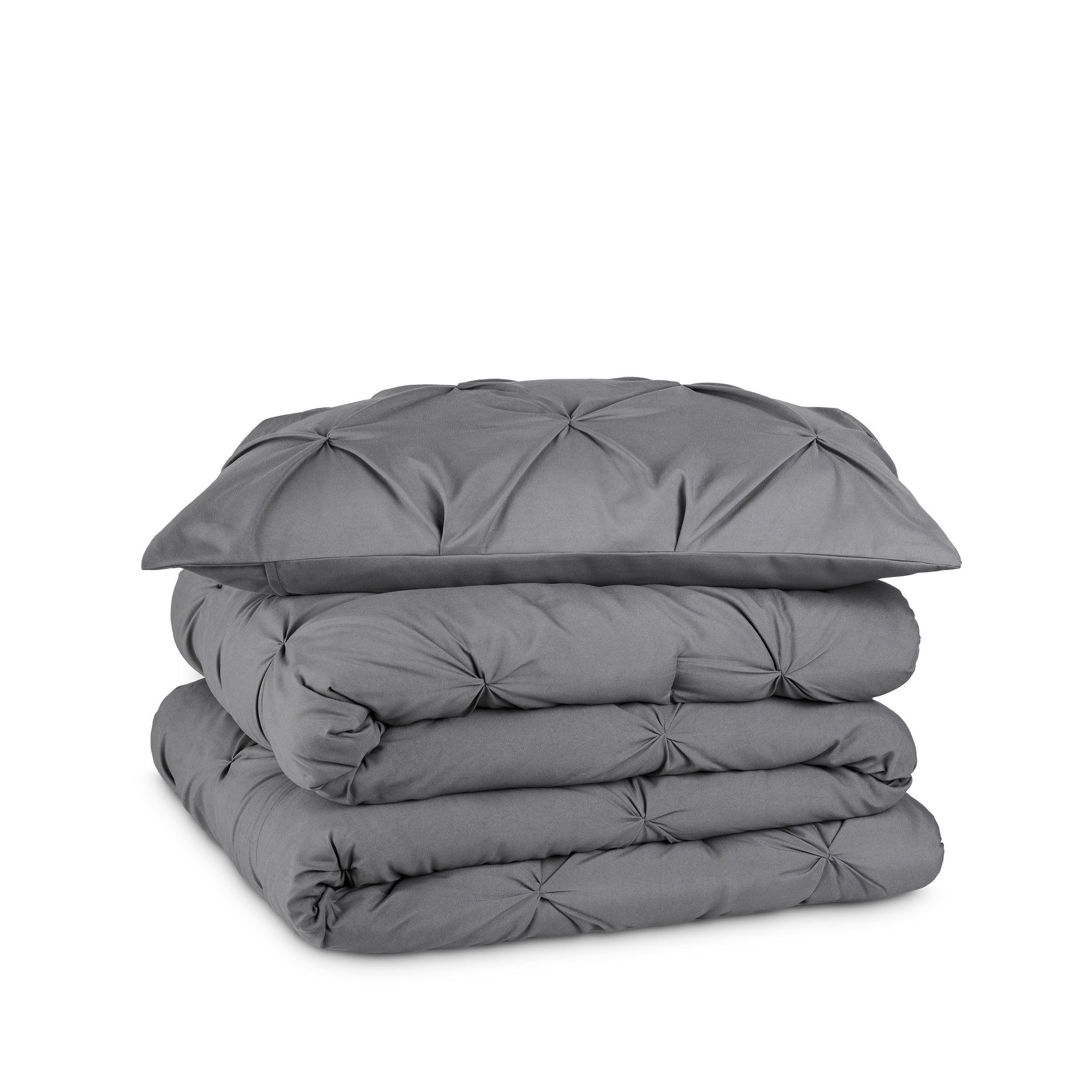 Grey pintuck comforter set folded and stacked