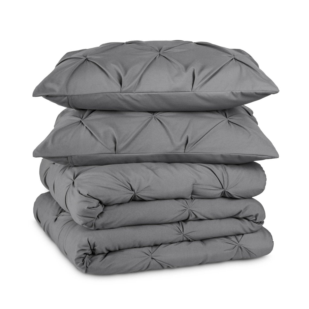 Grey pintuck comforter set folded and stacked