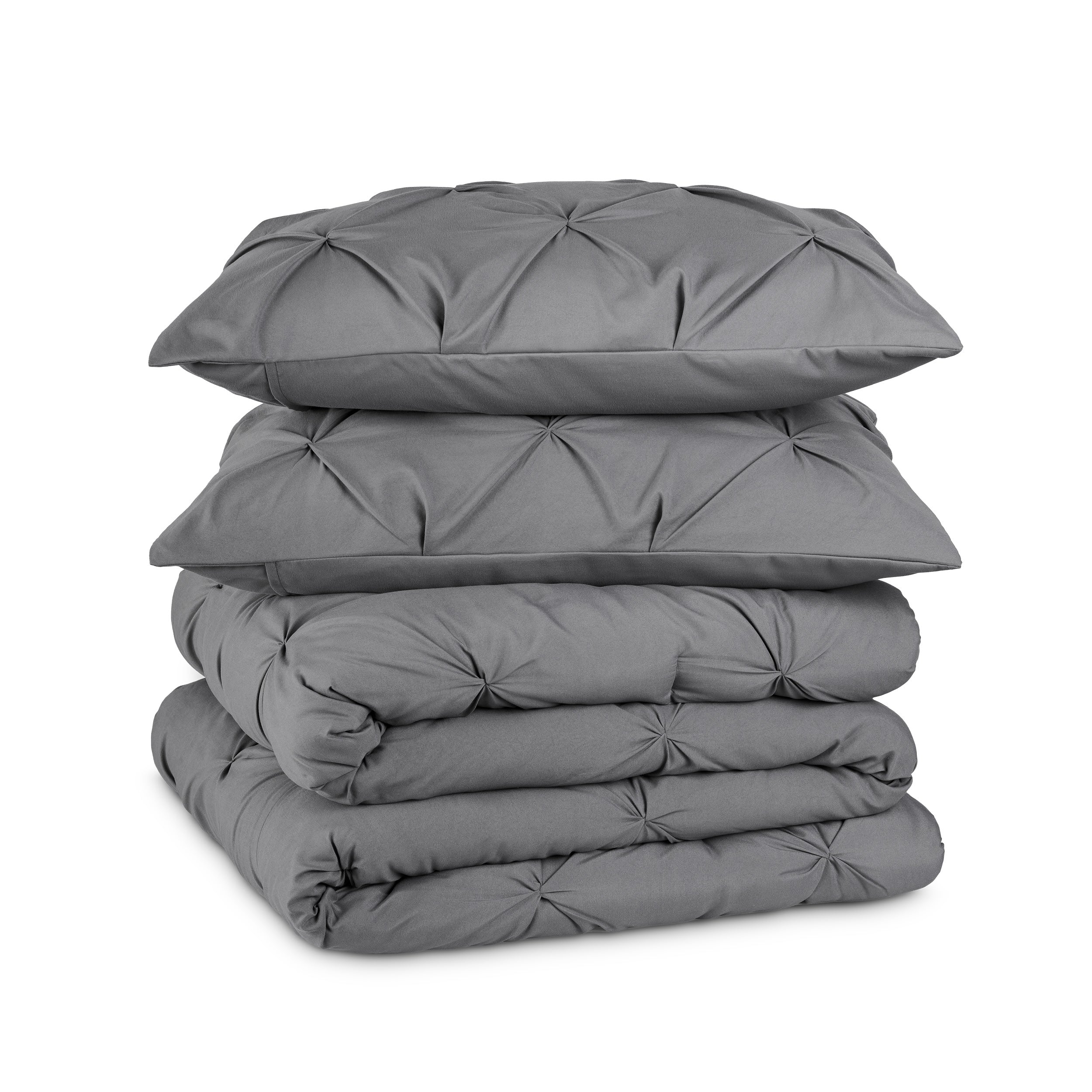 Grey pintuck comforter set folded and stacked