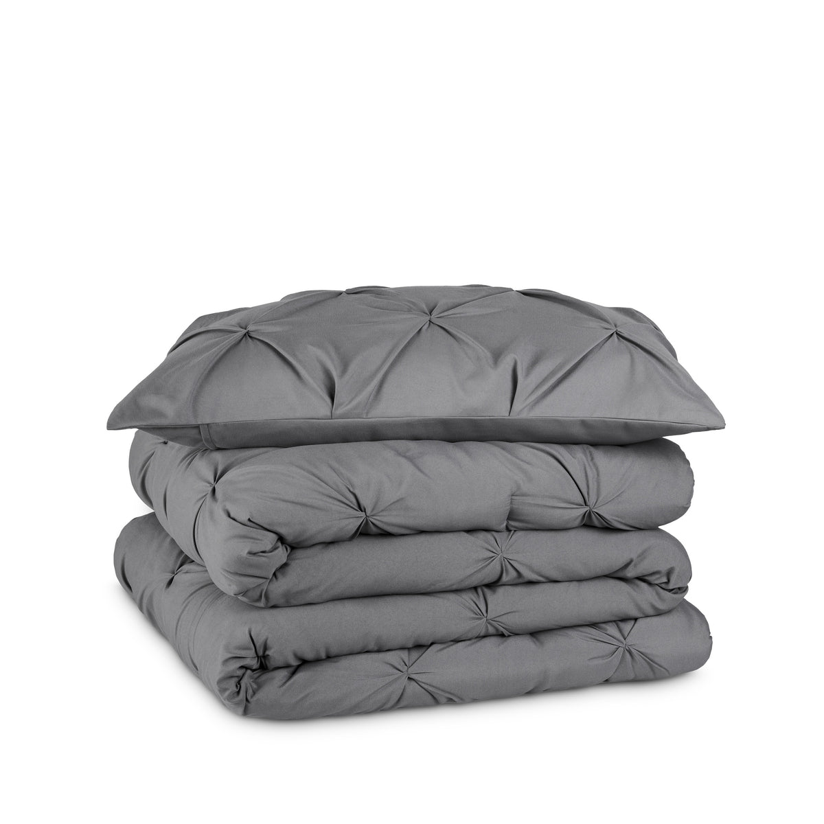 Gray pintuck comforter on a white background