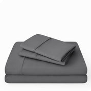 A microfiber sheet set folded and stacked neatly