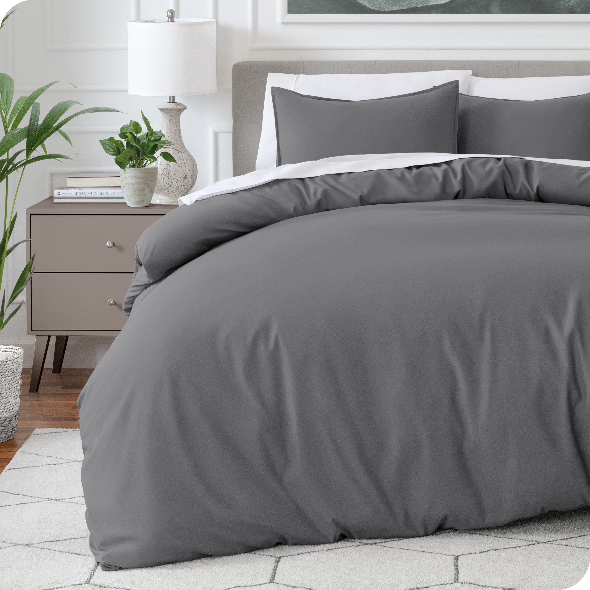 Modern bedroom with a microfiber duvet cover on the bed