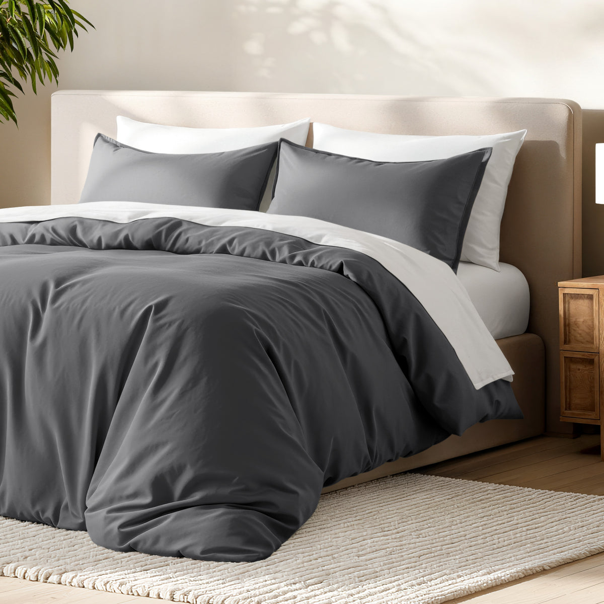 Bed with microfiber duvet cover and sham set in a bedroom setting.