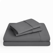 A microfiber sheet set folded and stacked
