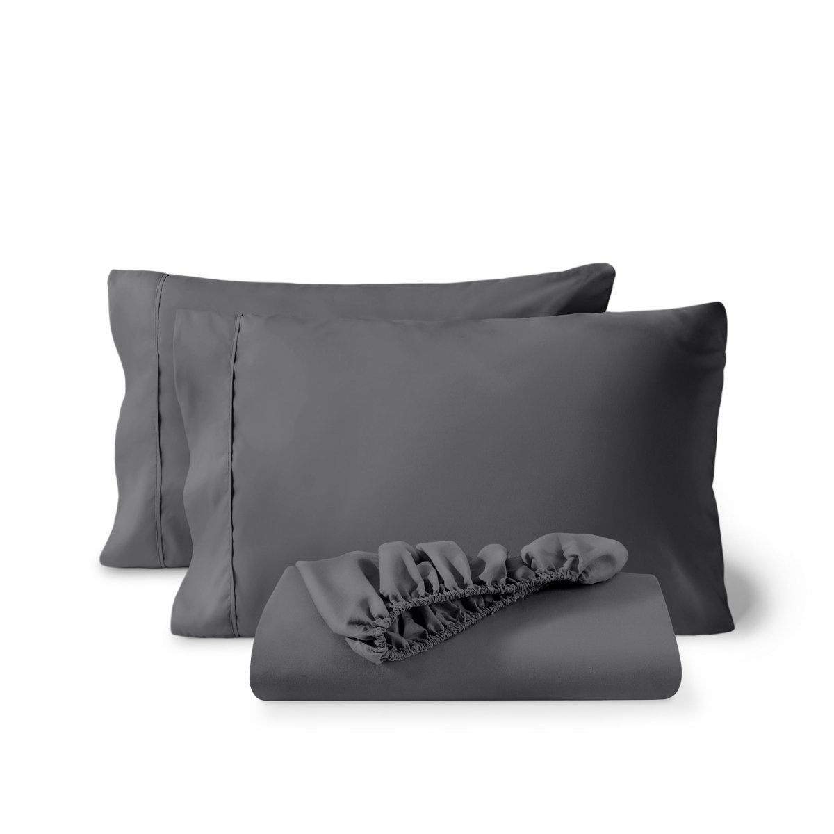 Pillowcases and a matching fitted sheet folded in front, shown on a plain white background.