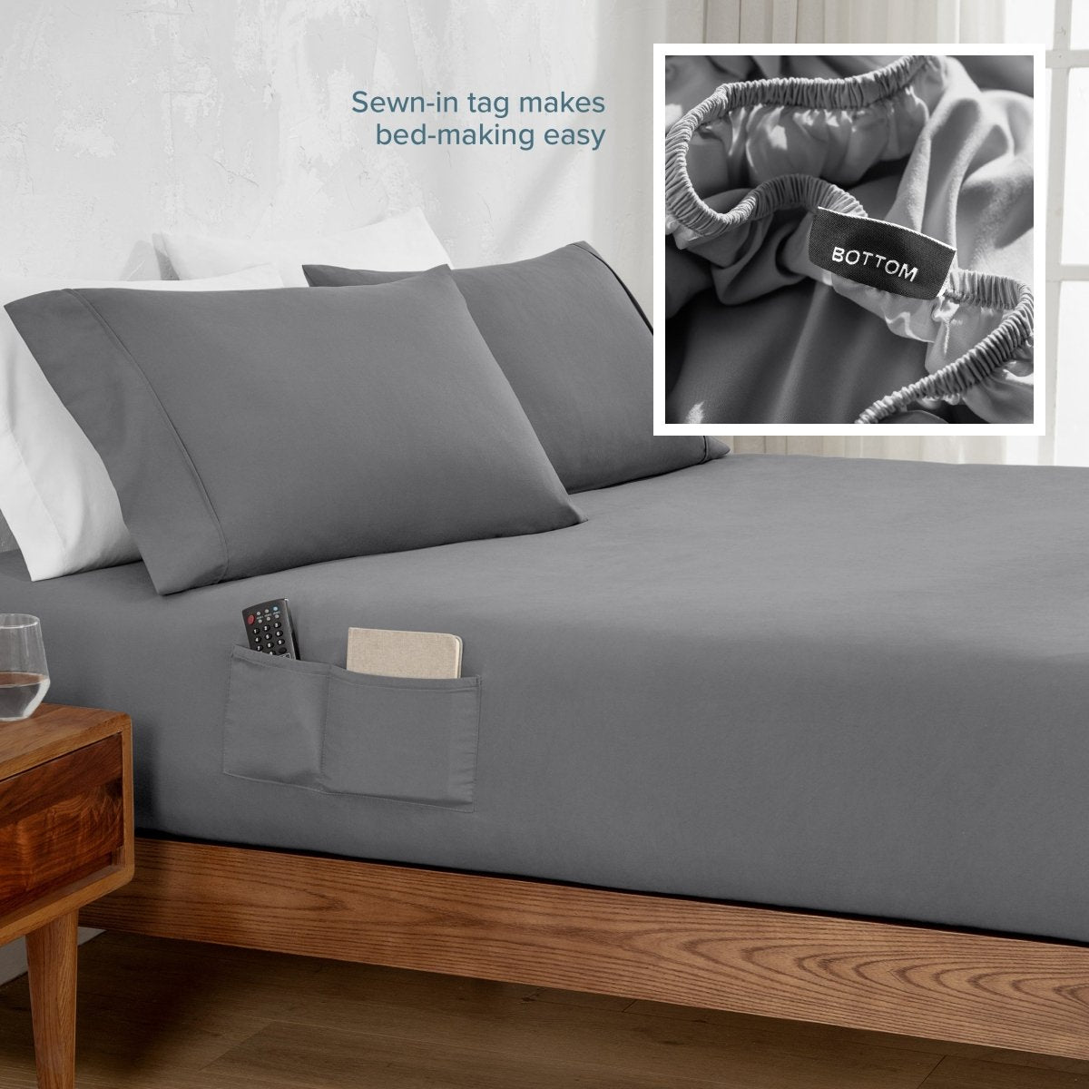 Bed sheet with sewn-in tags on a bed, with an inset showing a close-up of the tag.
