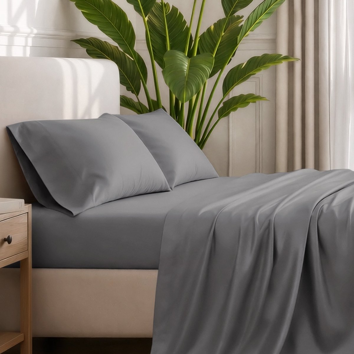 Ultra-soft sheets and pillowcases on a bed with a plant in the background