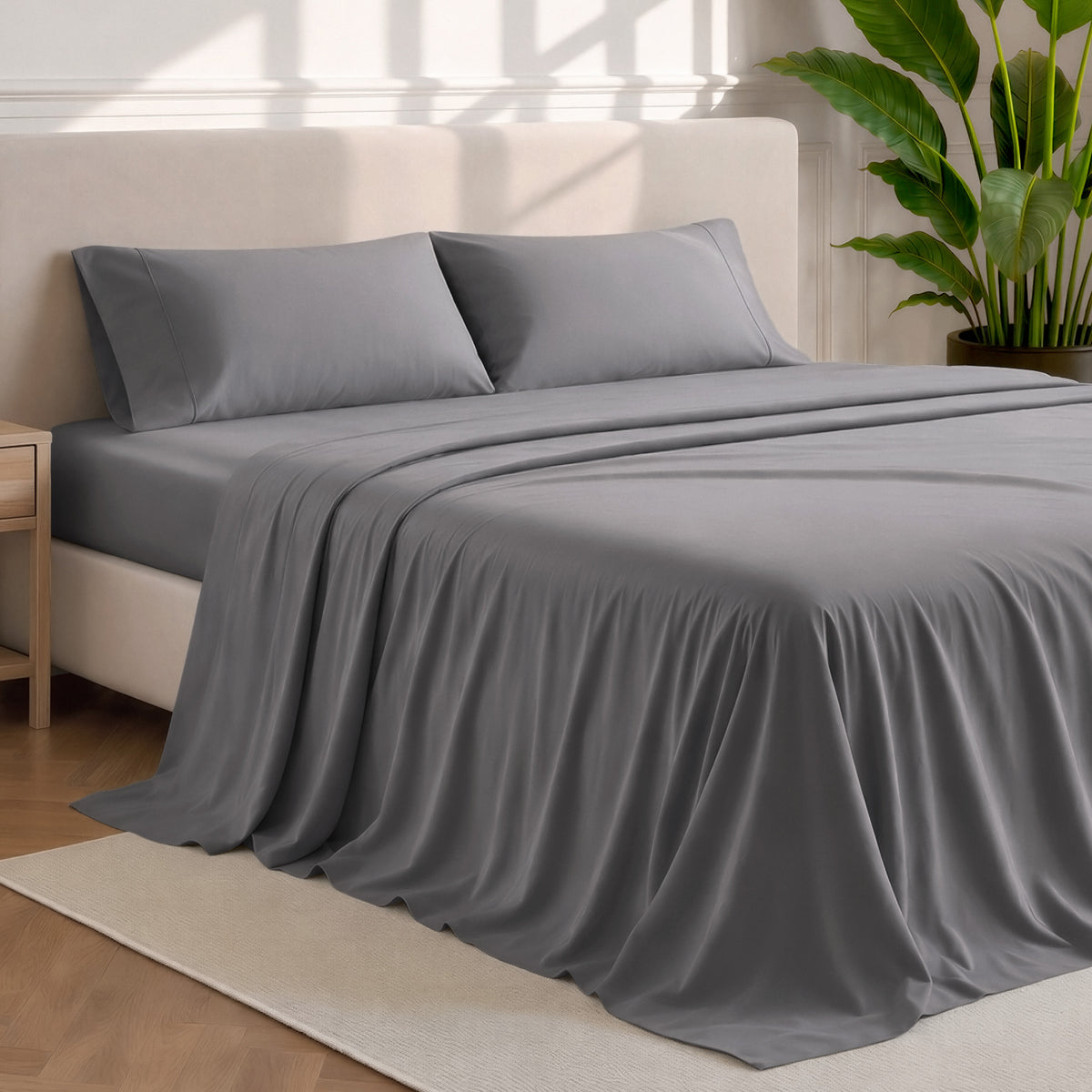 Microfiber sheets and pillowcases in a bedroom stetting