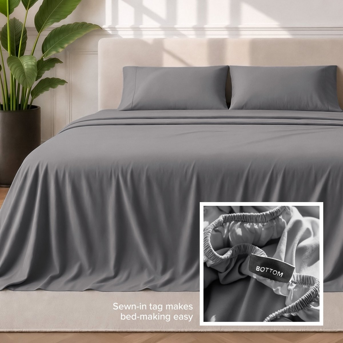 Sewn-in tag makes bed-making easy