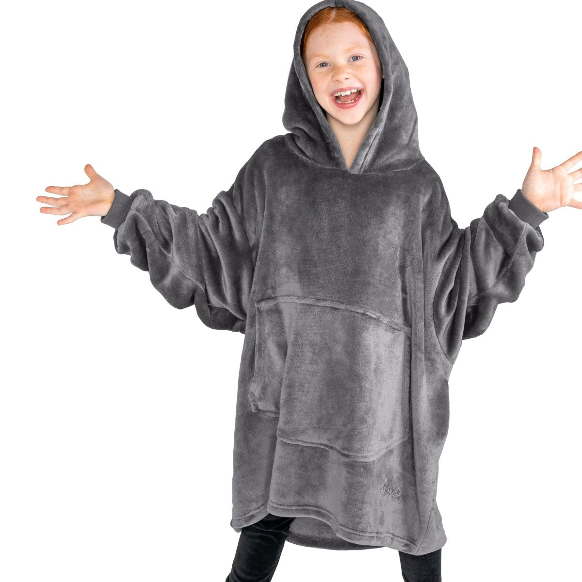 A girl has a hooded blanket on