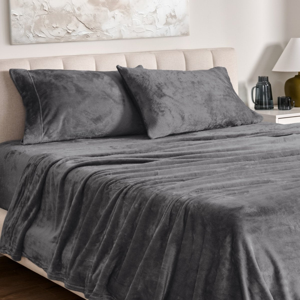 Microplush sheet set on a bed.