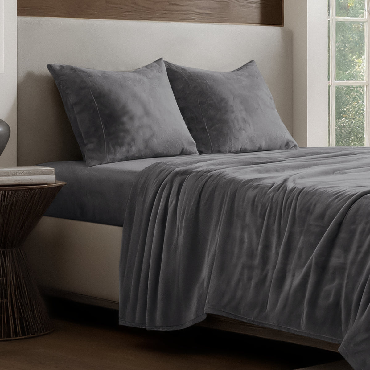 Microplush sheet set on a bed.