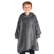 A boy dressed in a microplush wearable blanket.