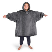 A boy wearing a cozy hooded blanket.