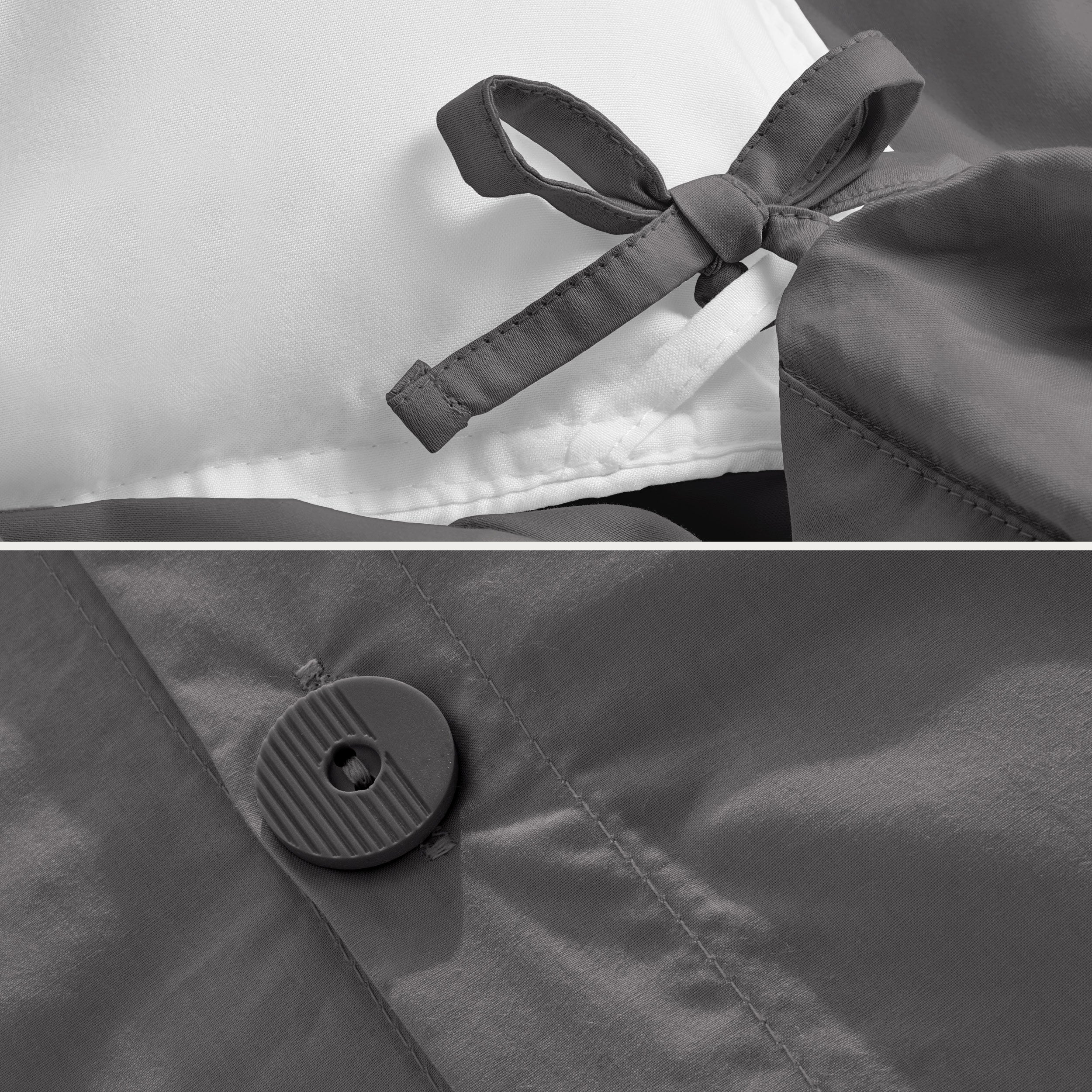 Close-up of the corner ties and button on the percale duvet cover