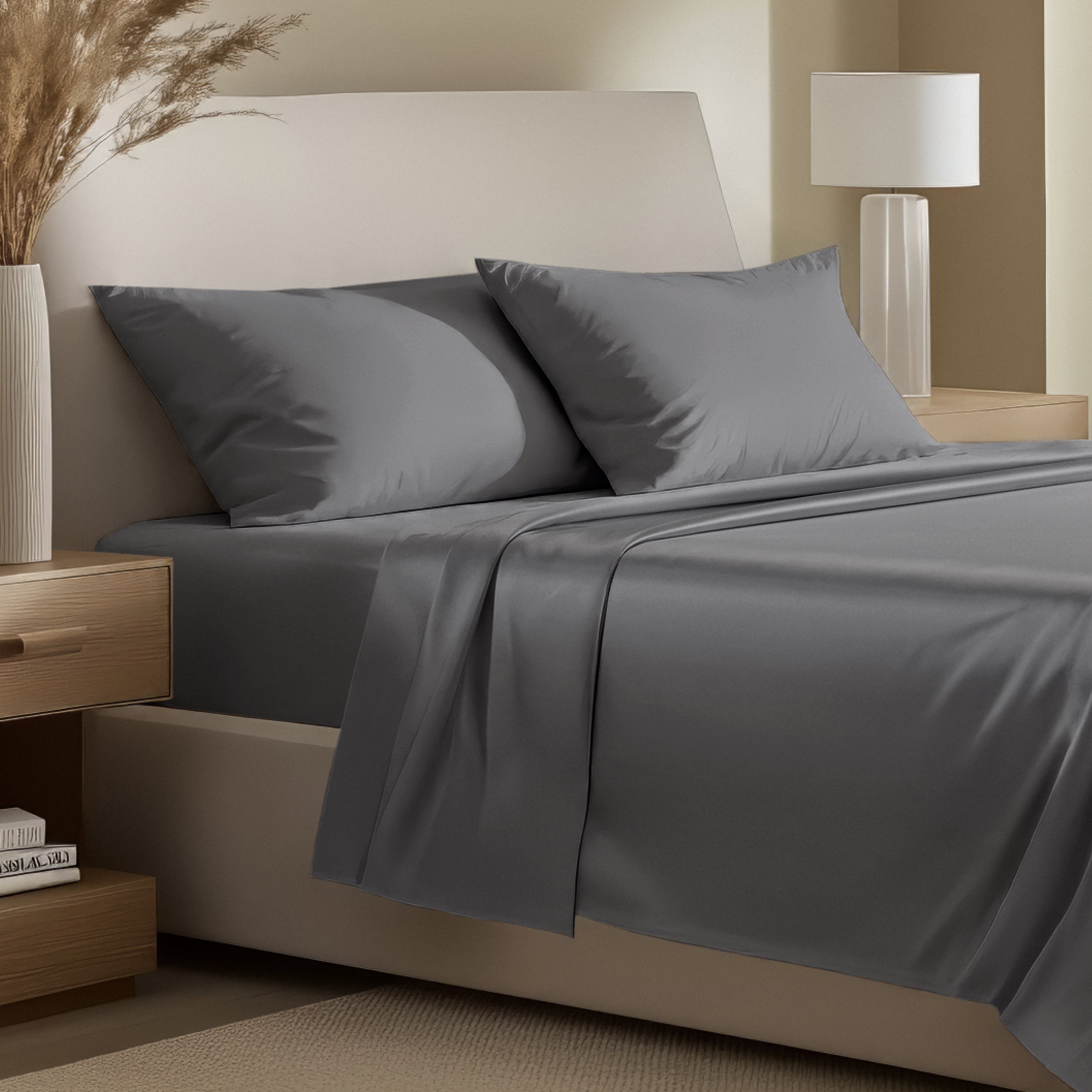 Bedding set on a bed with pillows in a bright room.