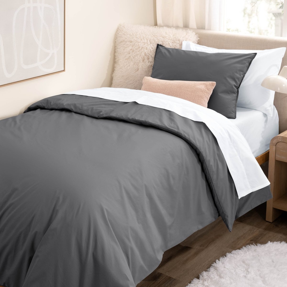 College dorm room with percale bedding