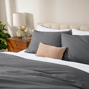 Bed with percale bedding in a bedroom setting