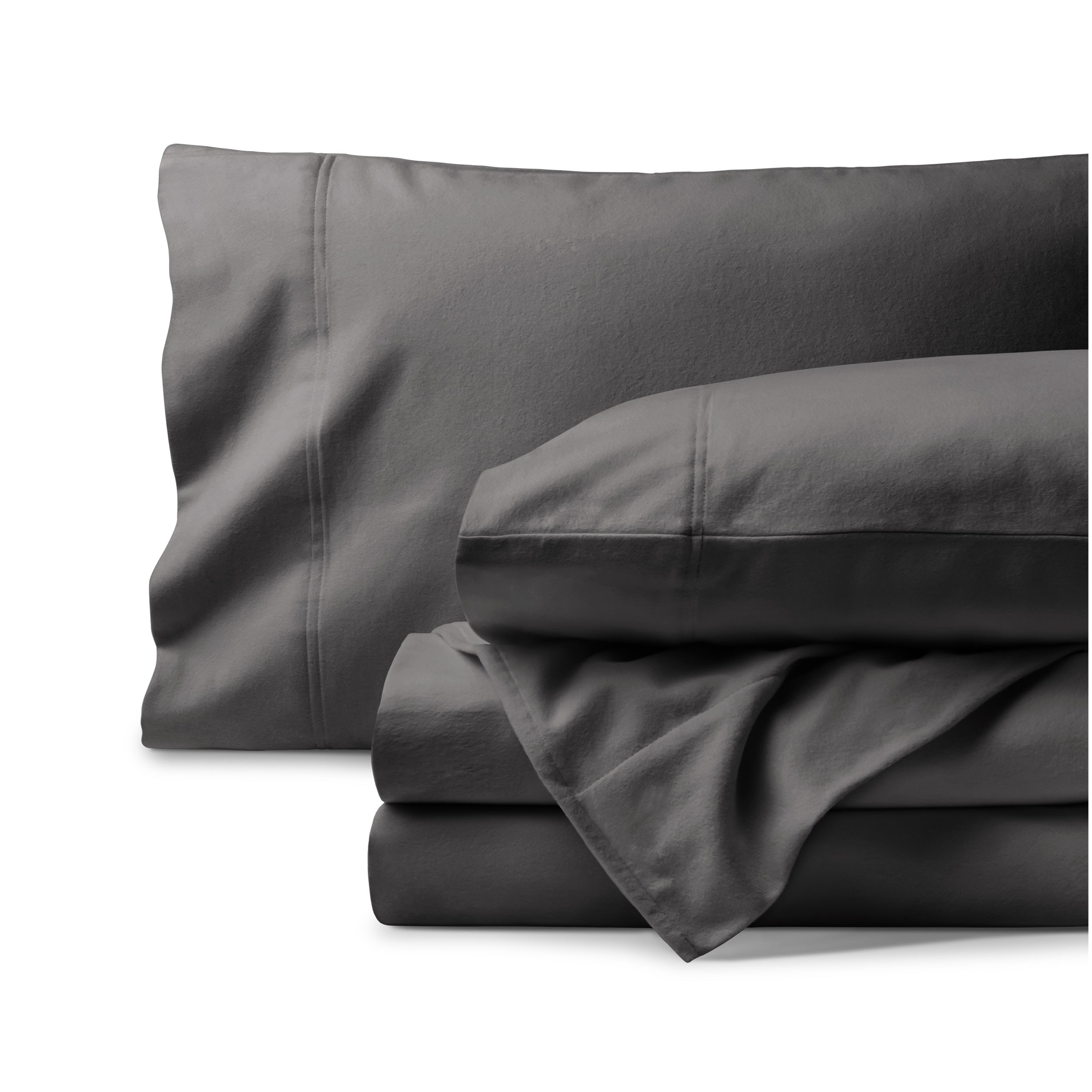 Organic flannel bed sheets and pillowcase set on a white background