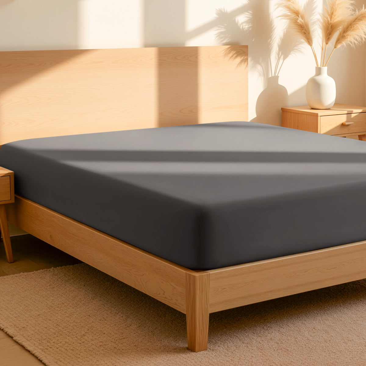 Fitted sheet on a bed in a bedroom setting with a lamp and plant.
