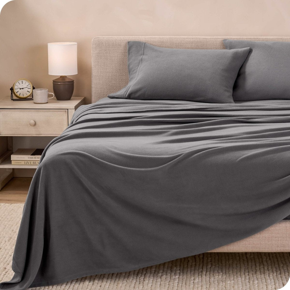 Polar fleece sheet set on a bed