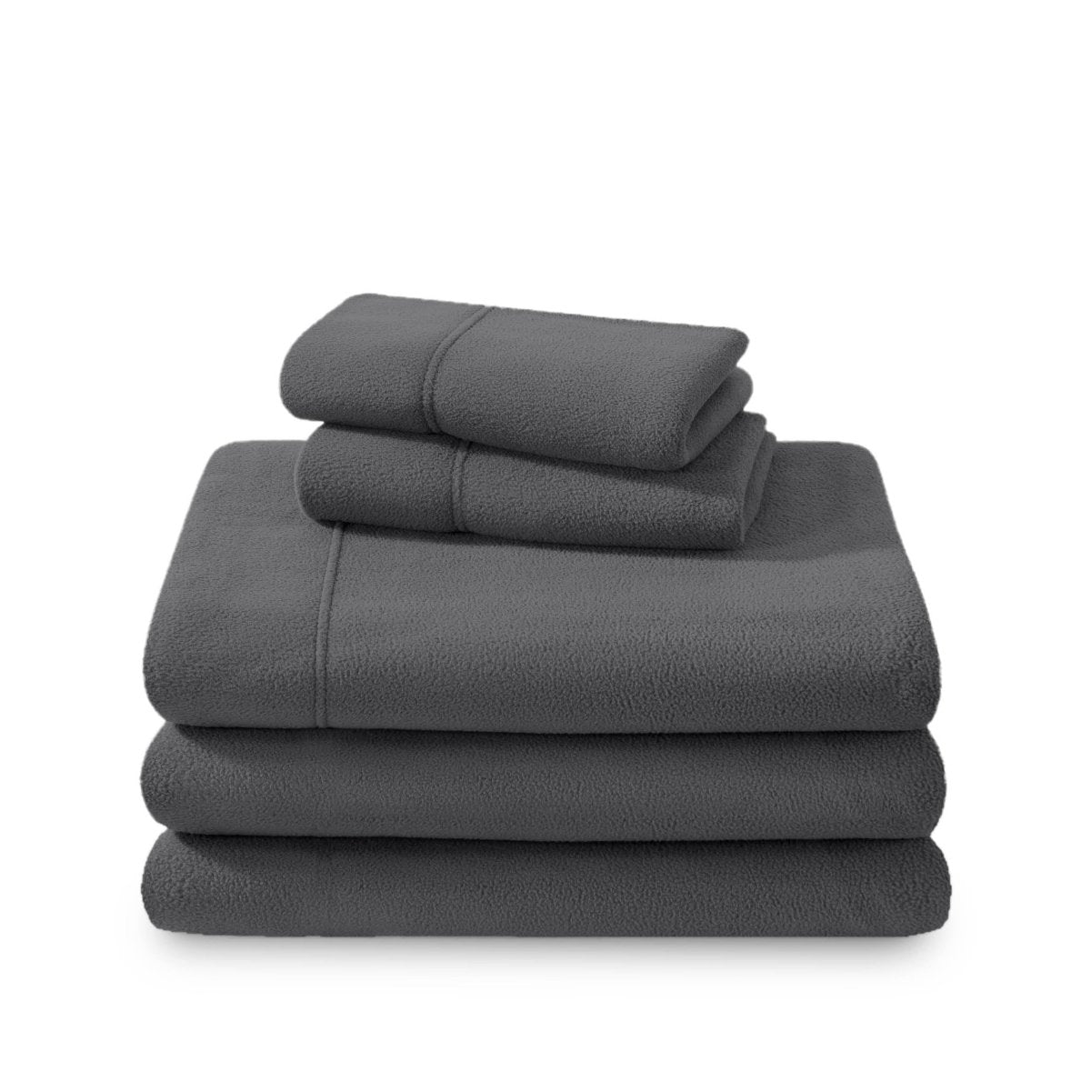 Polar fleece sheets and pillowcases folded and stacked on a white background