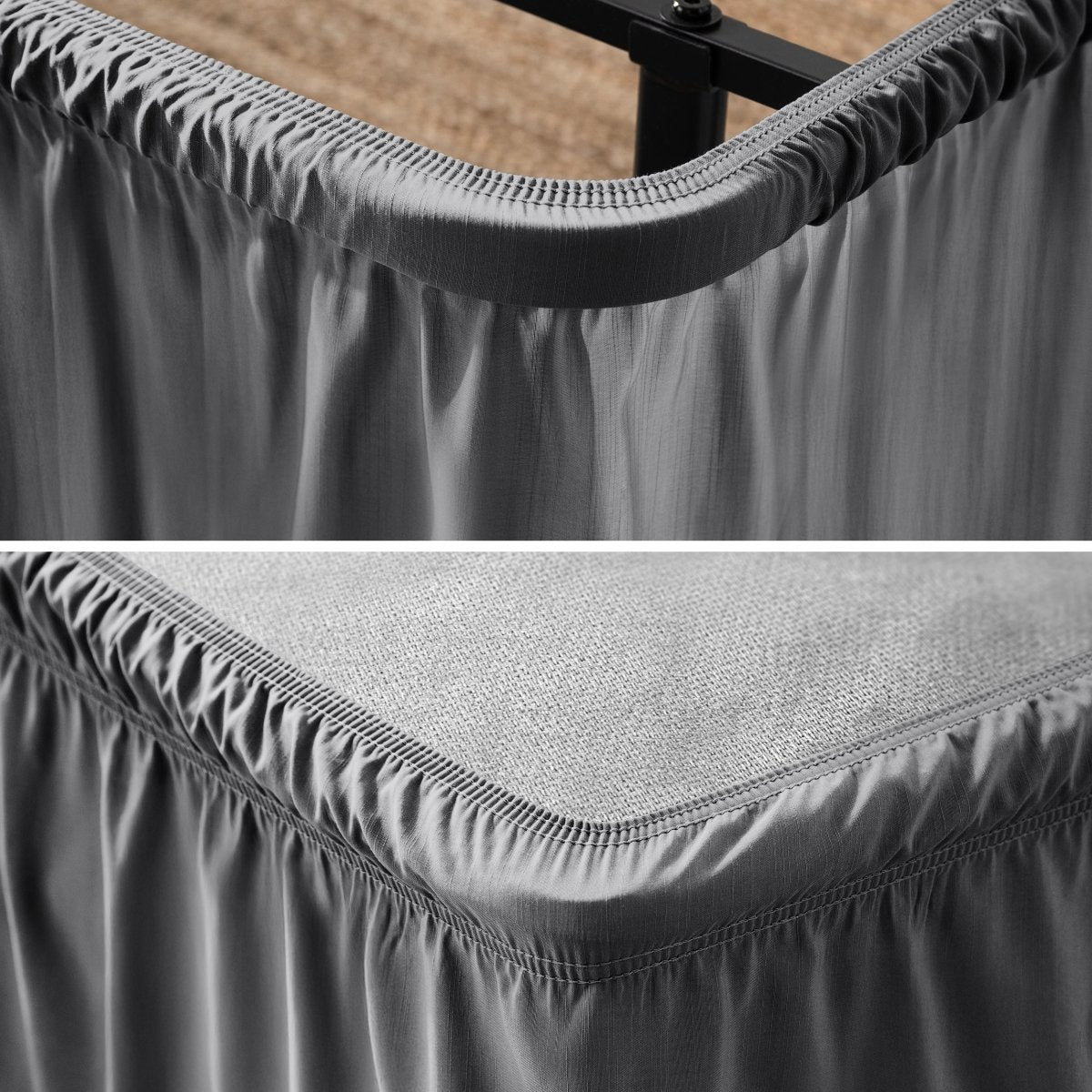 Close up of a polyester wrap around bed skirt on a bed frame and box spring