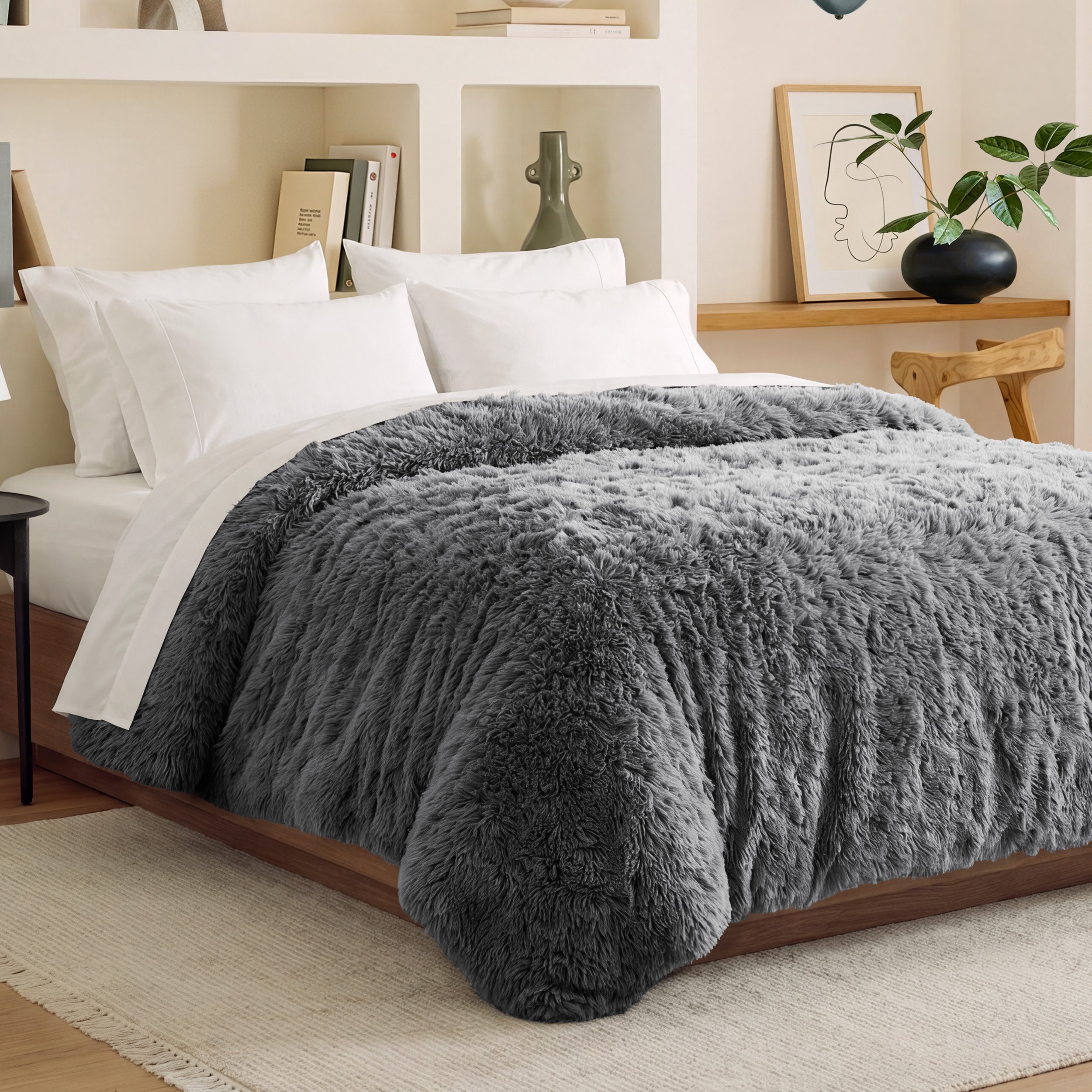 Shaggy duvet cover on a bed in a bedroom setting with shelves and decor.