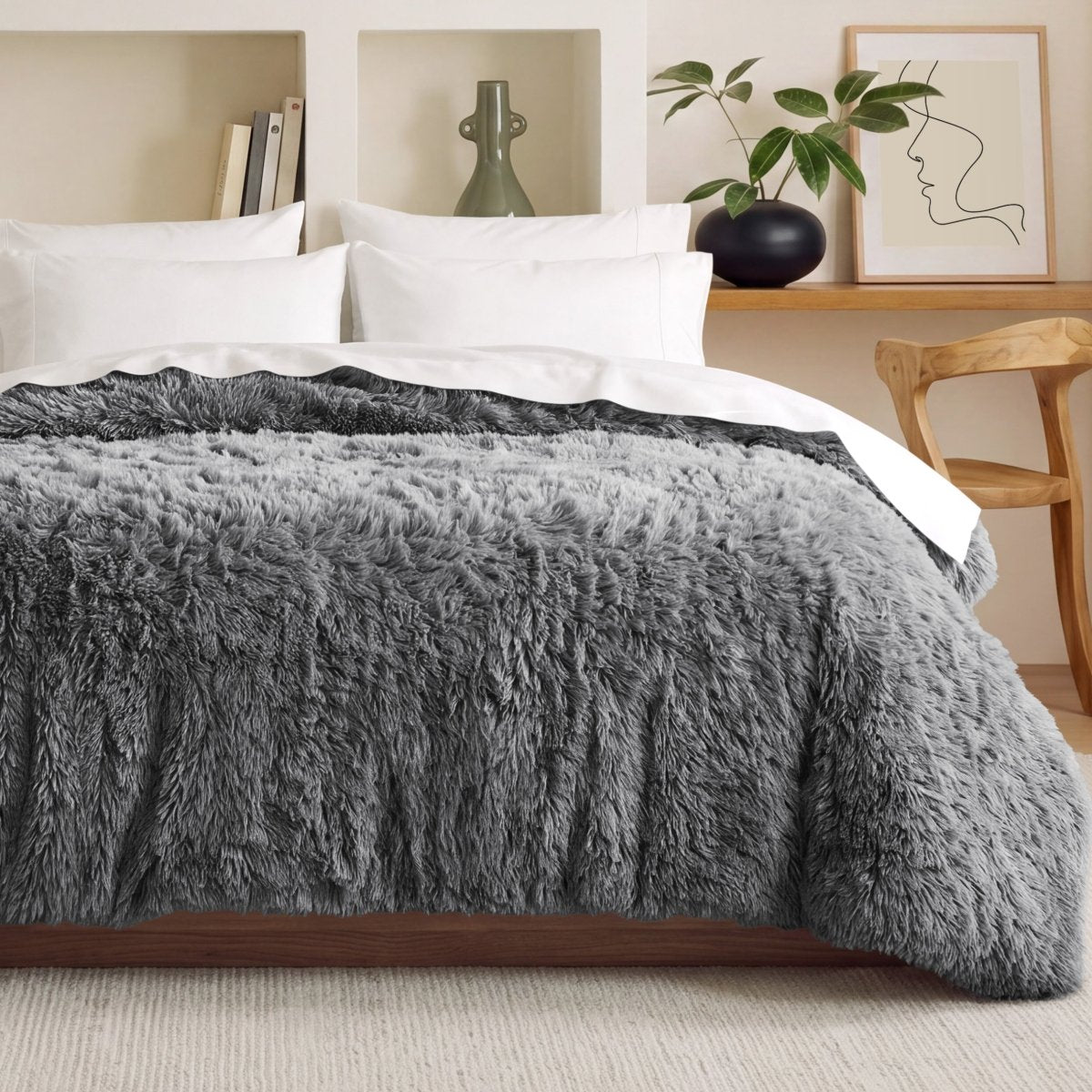Shaggy duvet on a bed in a bedroom setting with decor elements.