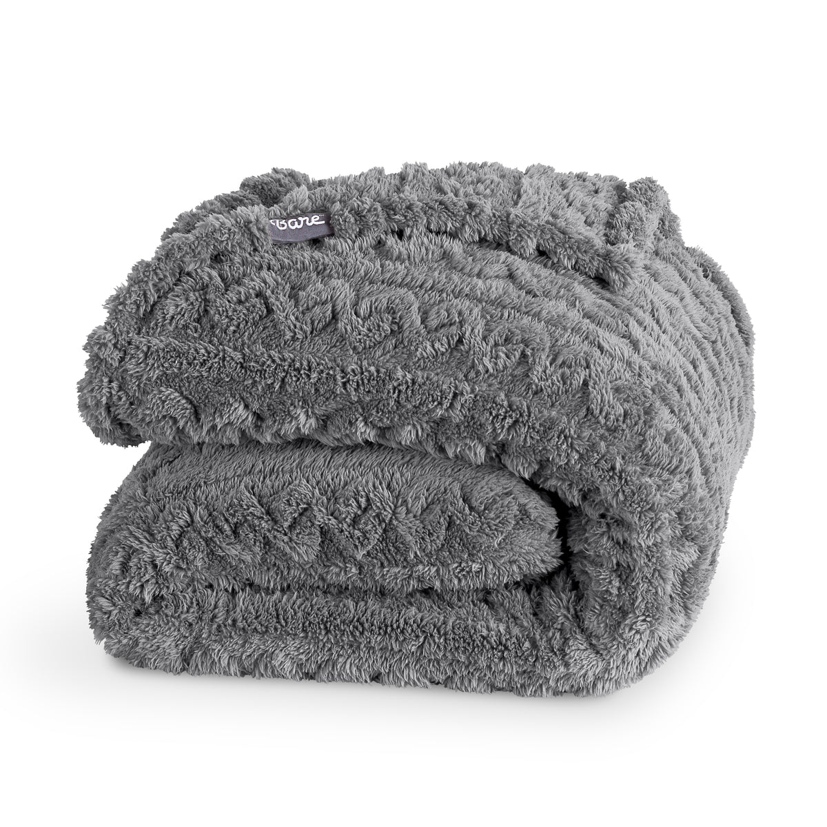 Folded grey blanket with a Bare brand tag on a white background