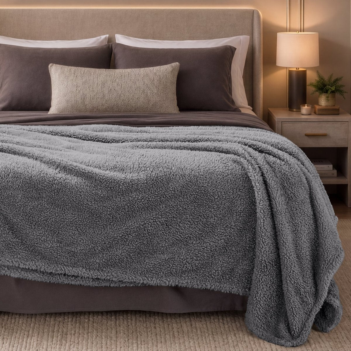 Bed with gray blanket and pillows in a bedroom setting