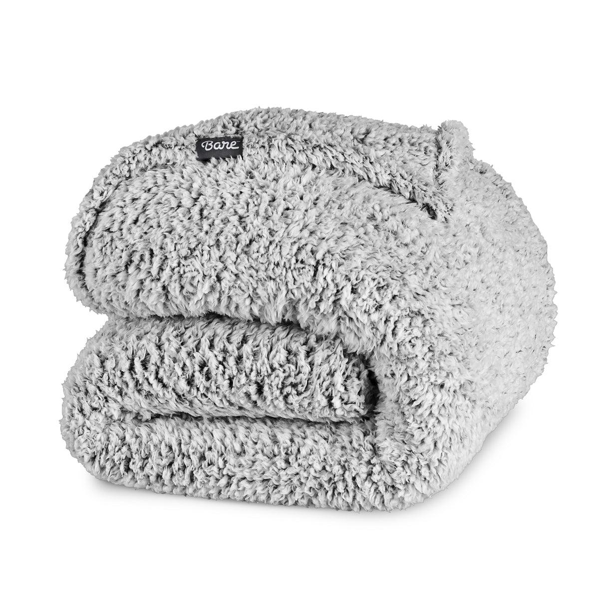 Folded sherpa blanket with a Bare label on a white background