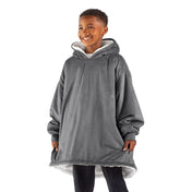 A child with a sherpa wearable blanket on