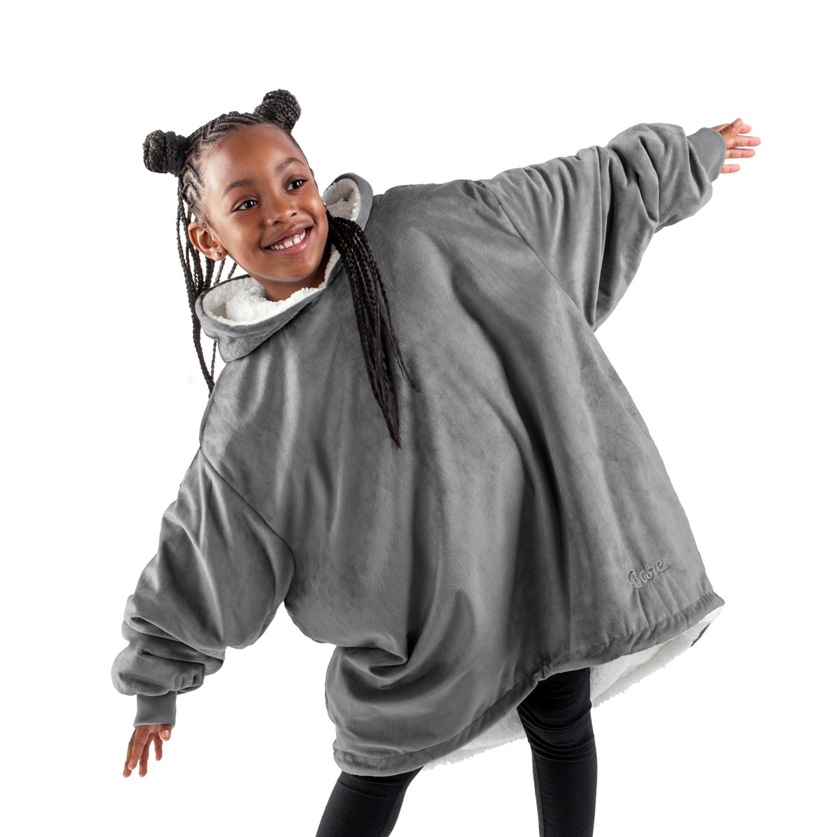 A child with a sherpa wearable blanket on