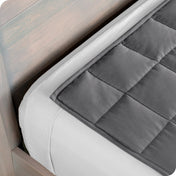 Close up of a weighted blanket on top of a bed made with white sheets