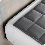 Close up of a weighted blanket on top of a bed made with white sheets